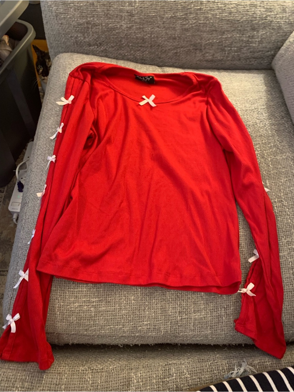 Women's Long Sleeve Red Tee with Bow Trim